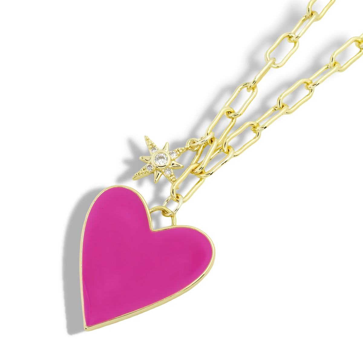 Enamel Heart/Star Necklace Hot Pink