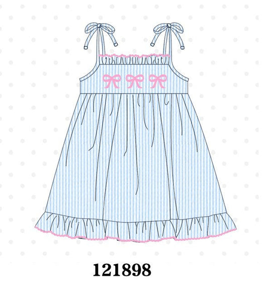Blue Bow Embroidered Stripe Ruffle Dress