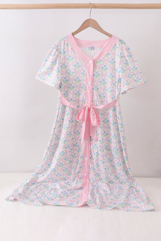 Pink hydrangea bow print tiered dress