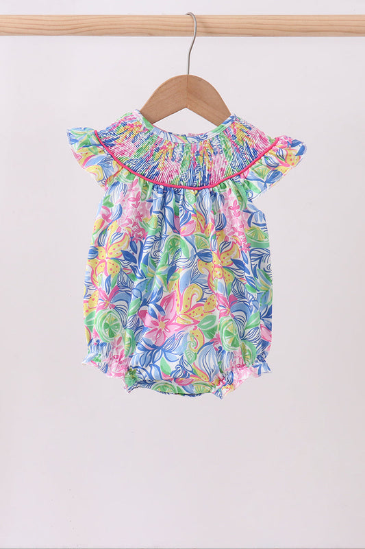 Tropical floral smocked ruffle bubble