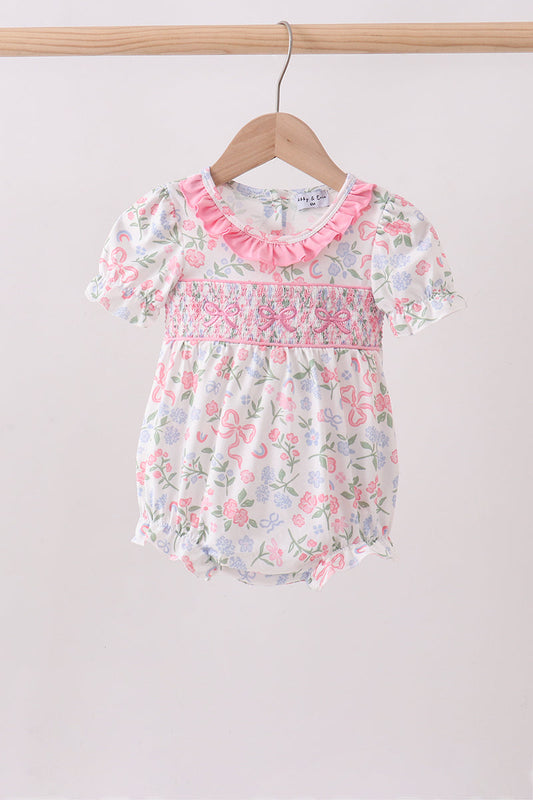 Pink floral bow smocked ruffle bubble