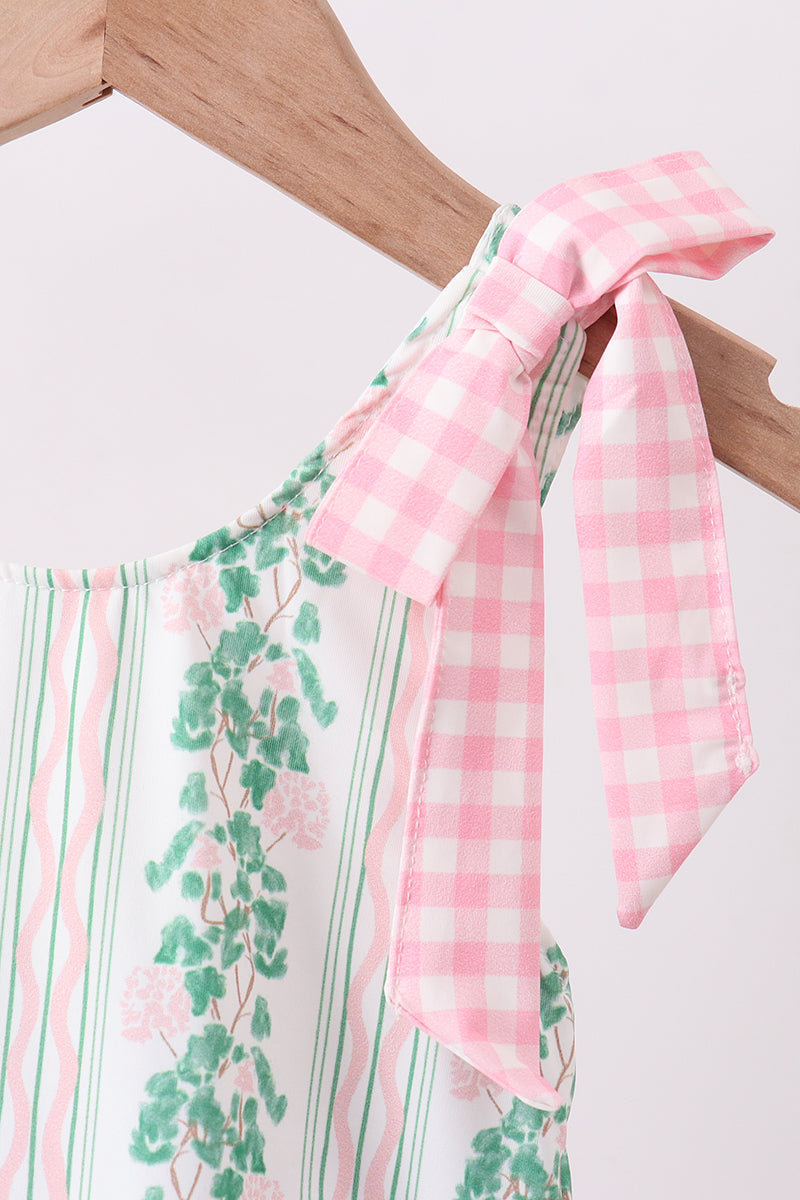 Green floral stripe ruffle swimsuit