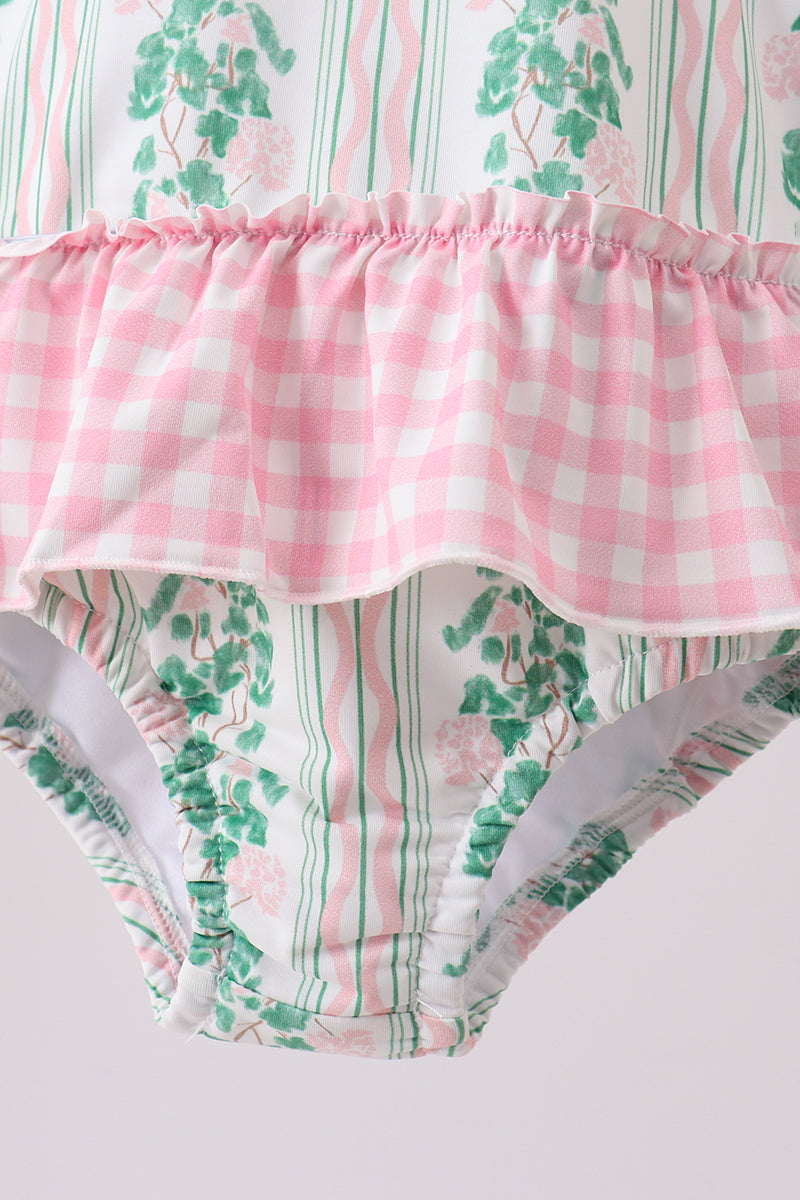 Green floral stripe ruffle swimsuit