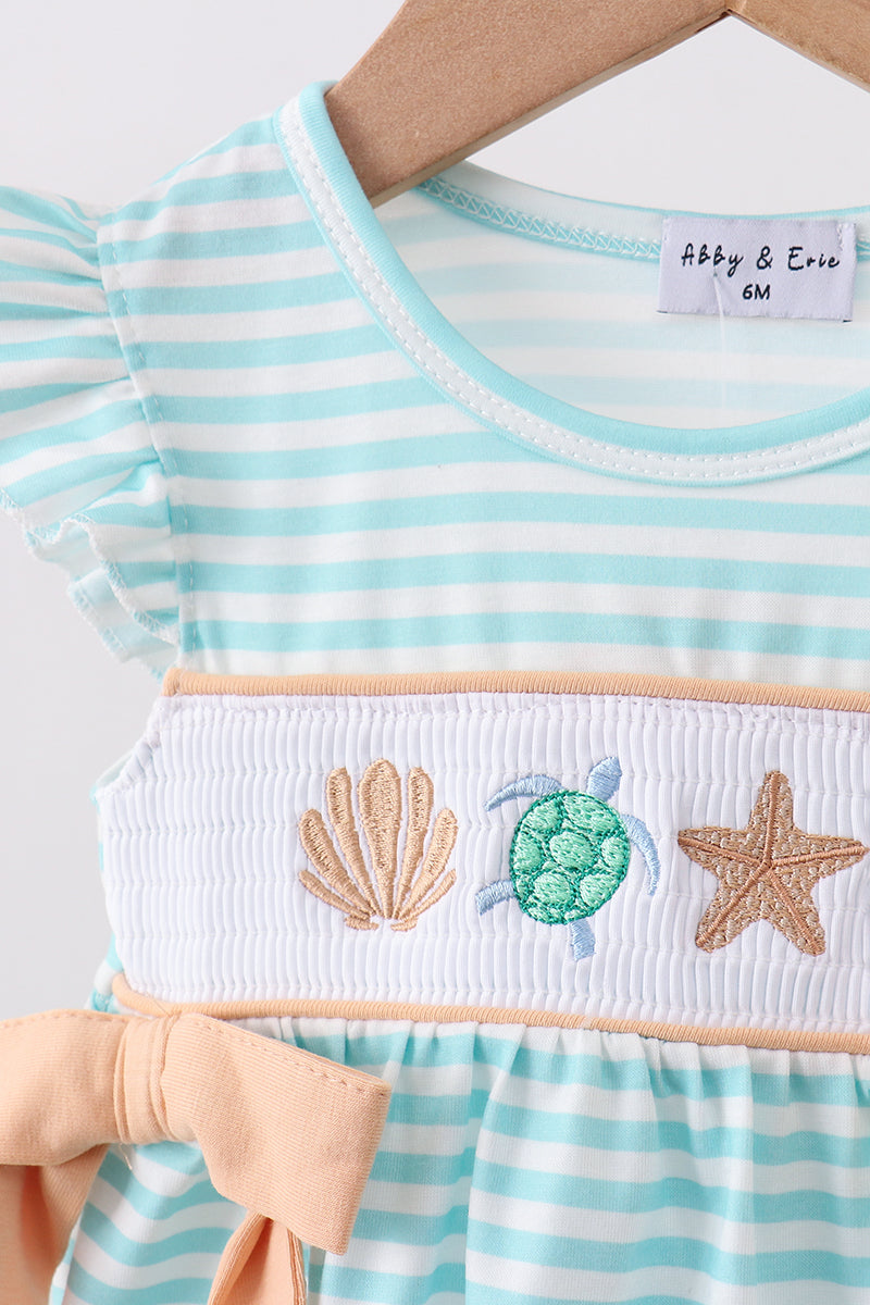 Mint marine creature smocked stripe ruffle bubble
