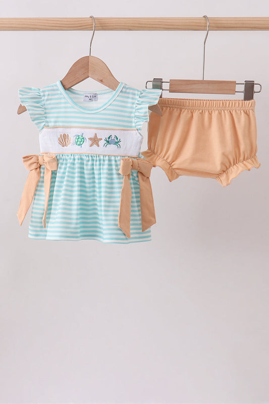Mint marine creature smocked stripe bloomer set