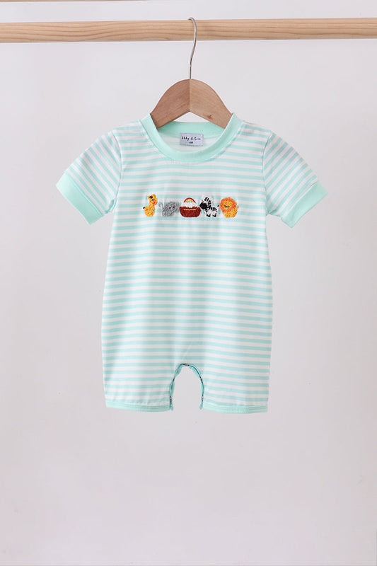 Green stripe Noah's Ark french knot romper