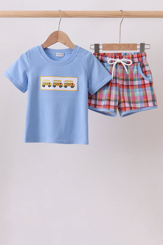 Blue Bus Embroidered Plaid Set