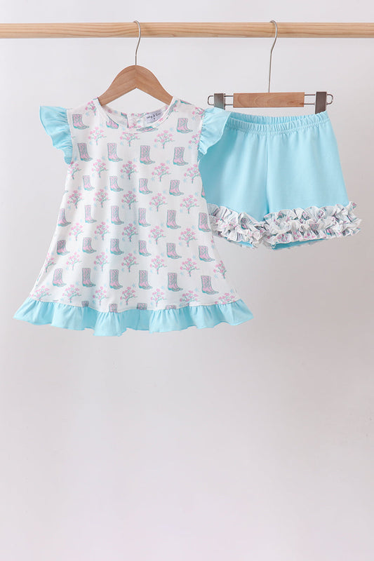 Blue Boots Ruffle Shorts Set